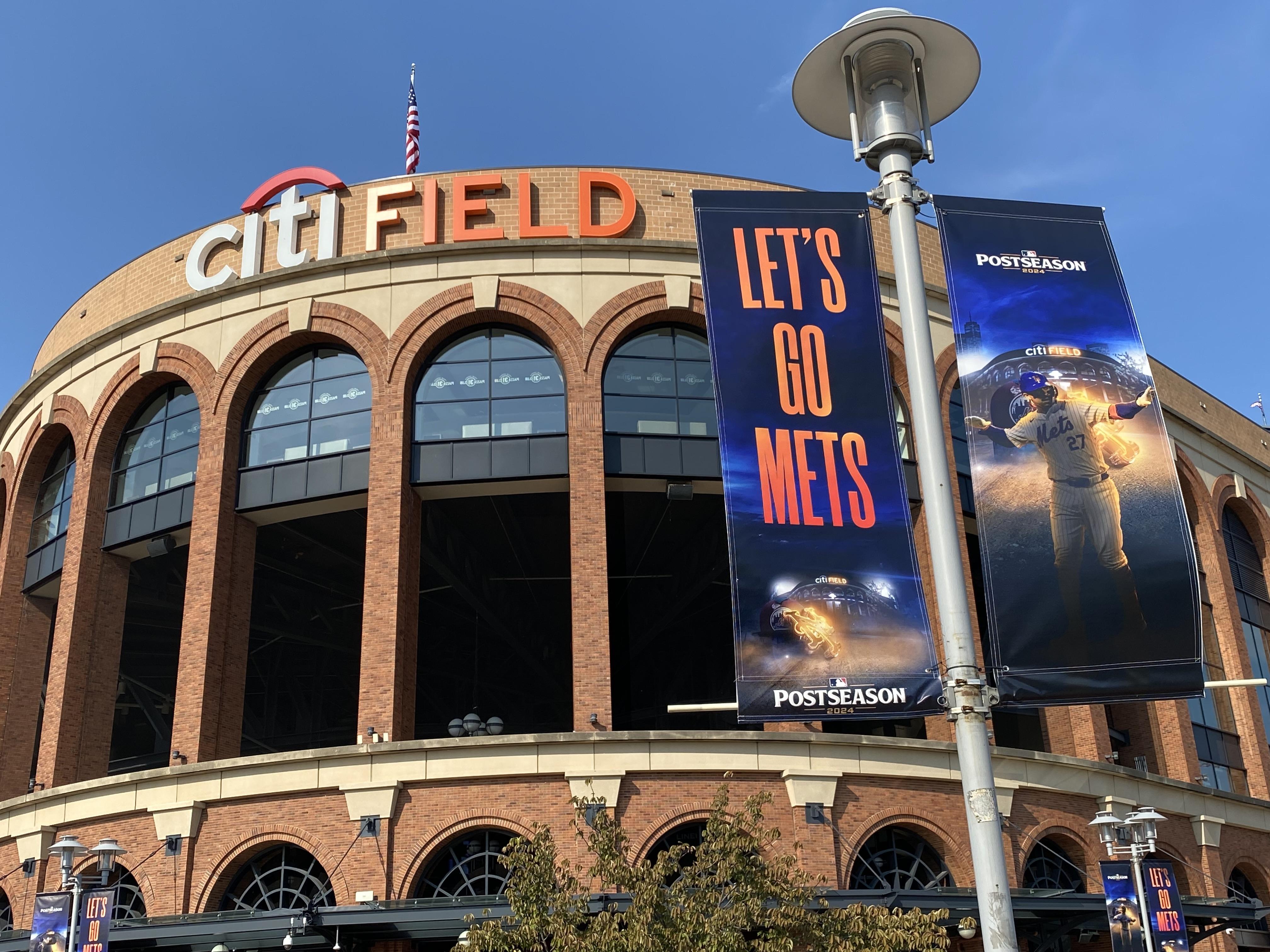 View of CitifField with Lets go Mets banner, Queens, New York